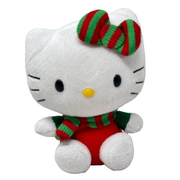 Ty Hello Kitty 2012 Christmas Red Green Stripe Bow Scarf Plush Beanie Toy 6 Inch - Picture 1 of 7